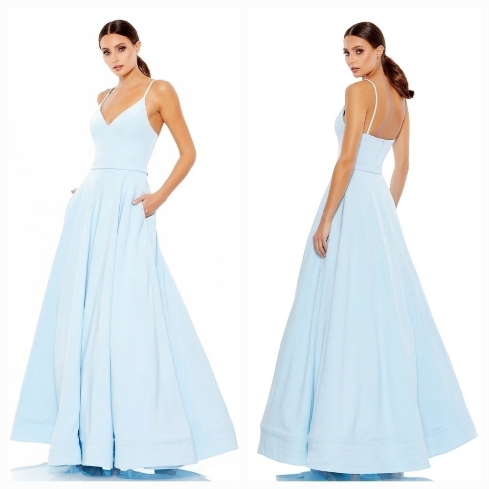 Mac Duggal V Neck Crepe Ballgown Powder Blue